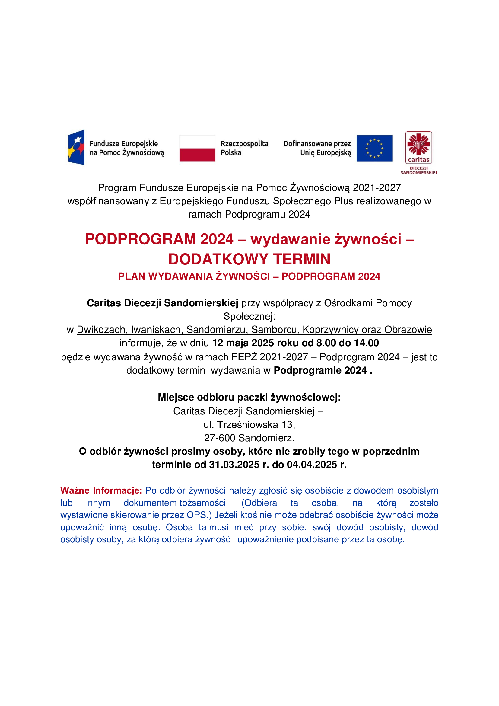 DODATKOWY TERMIN WYDAWANIA ŻYWNOŚCI W RAMACH FEPŻ 2021-2027 – PODPROGRAM 2024.